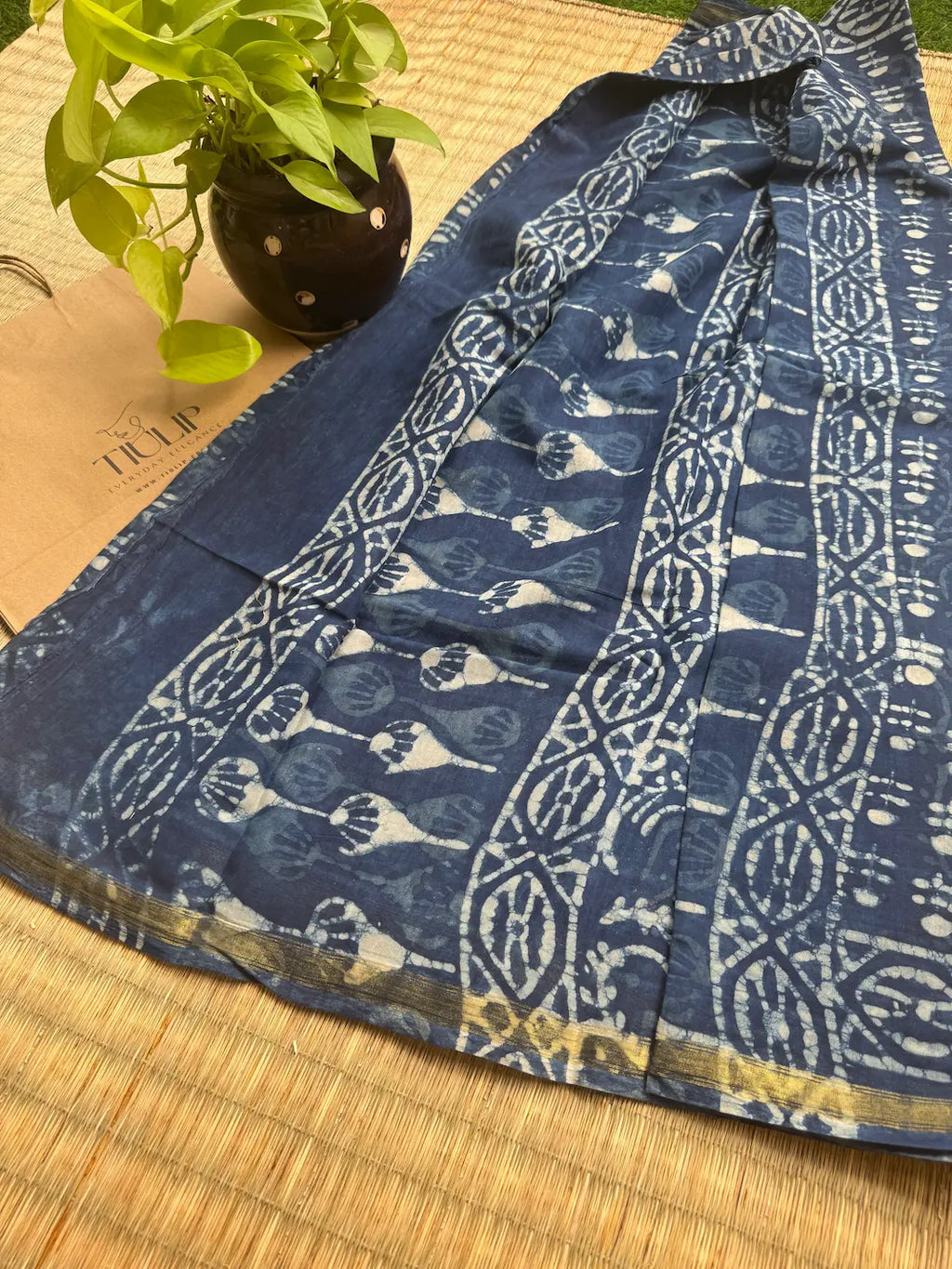Hand-block Cotton Saree – Indigo Varnam