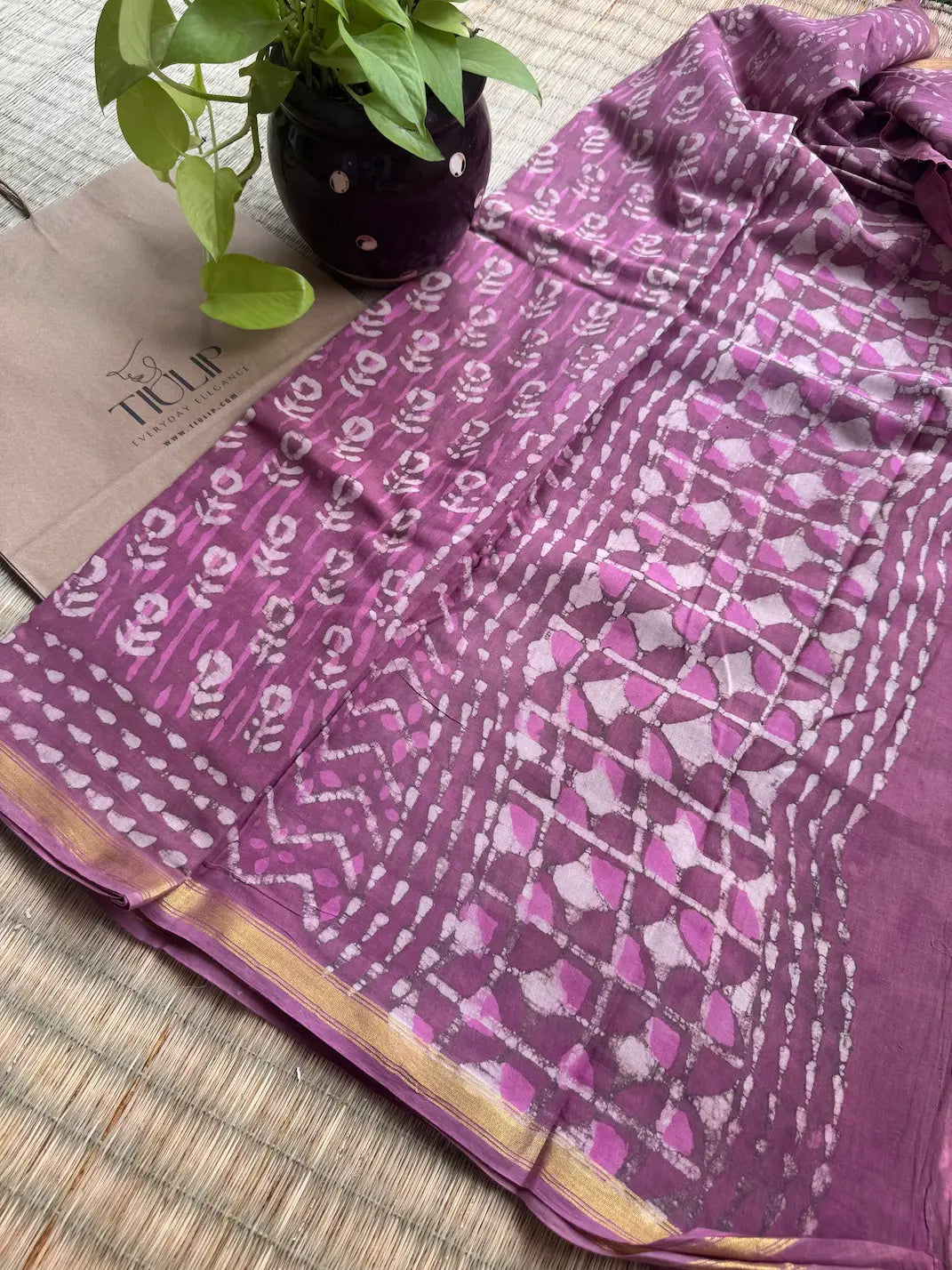 Hand-block Cotton Saree – Rose Whisper