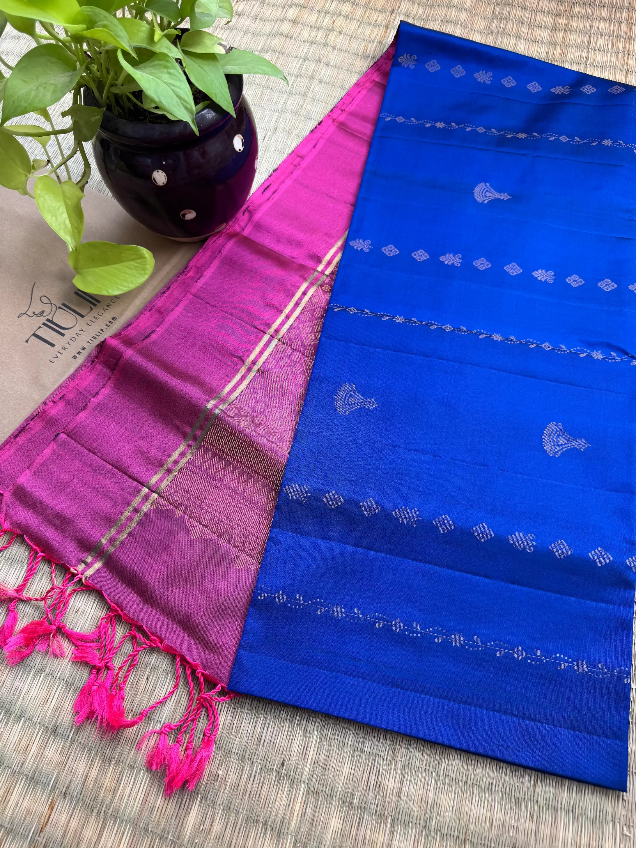 Pink and blue Coimbatore soft silk saree featuring elegant woven motifs