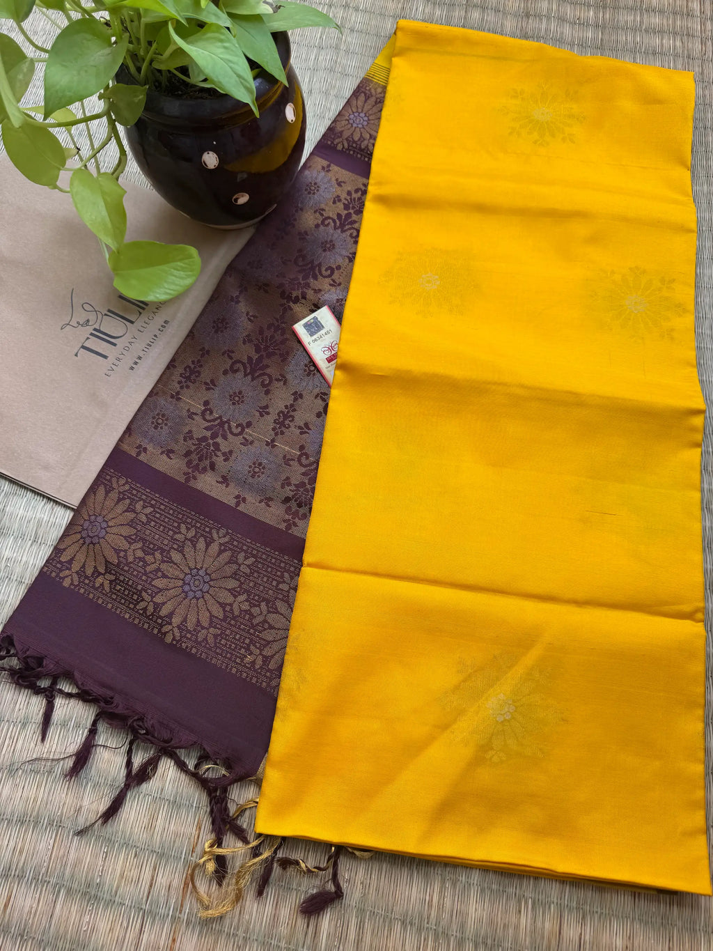 Yellow and Brown Coimbatore soft silk saree featuring elegant woven motifs