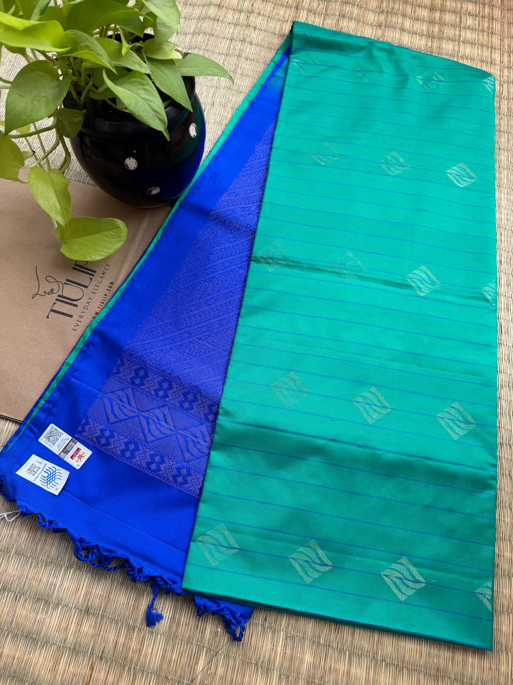 Blue and Green Coimbatore soft silk saree featuring elegant woven motifs