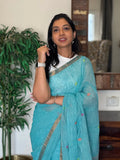 Neelasha pure linen sky blue saree in soft breathable fabric for office wear, summer outings, and everyday elegance
