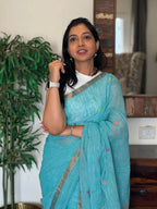 Neelasha pure linen sky blue saree in soft breathable fabric for office wear, summer outings, and everyday elegance
