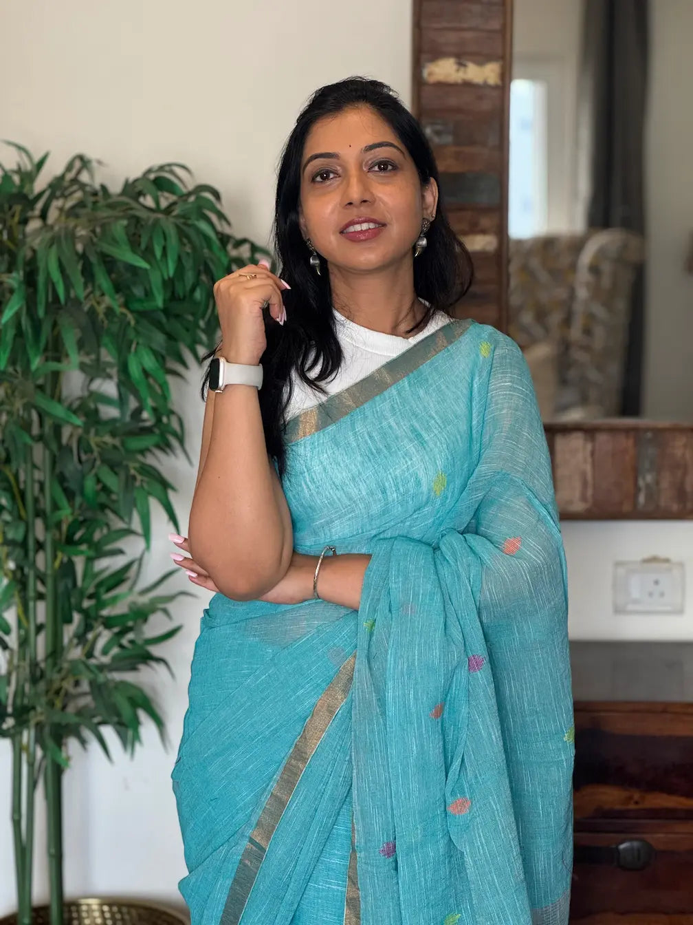 Neelasha pure linen sky blue saree in soft breathable fabric for office wear, summer outings, and everyday elegance