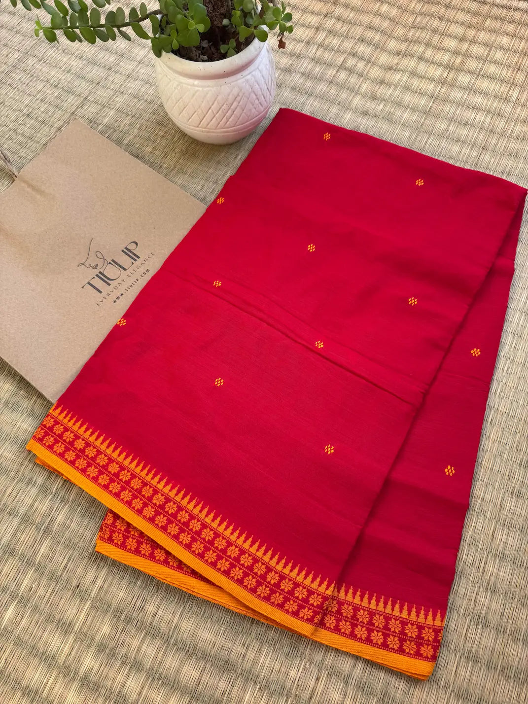 Kashish pure handwoven red and yellow Dhaniakhali cotton saree in soft breathable cotton for office wear, festive mornings, and everyday elegance