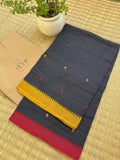 Nandini pure handwoven black Begampuri cotton saree with red and yellow borders in soft breathable cotton for office wear and everyday elegance