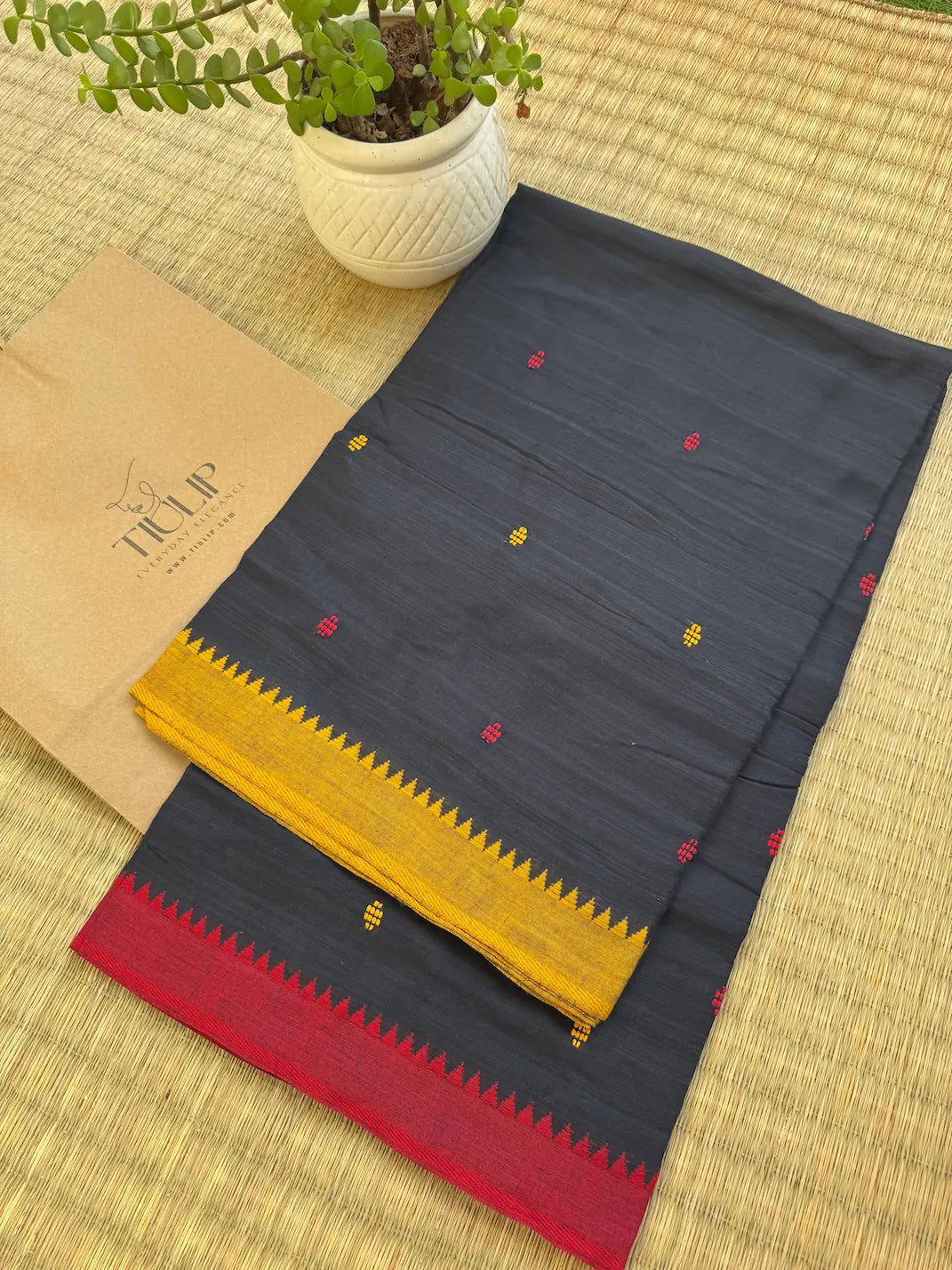 Nandini pure handwoven black Begampuri cotton saree with red and yellow borders in soft breathable cotton for office wear and everyday elegance