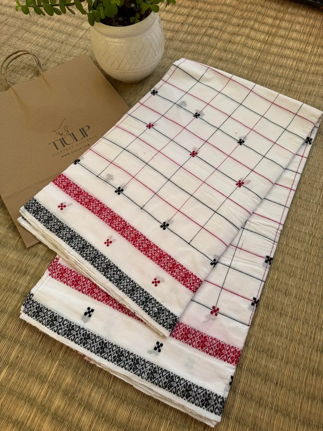 Shwetali pure handwoven white checked Dhaniakhali cotton saree in soft breathable cotton for office wear, festive mornings, and everyday elegance