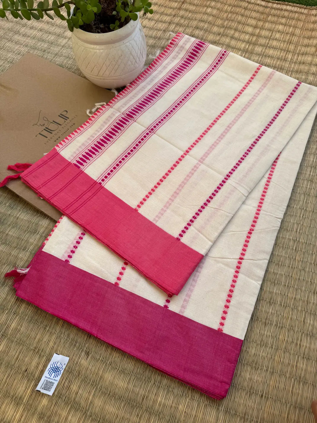 Malini pure handwoven white and pink Begampuri cotton saree in soft breathable cotton with traditional woven borders for office wear and everyday elegance