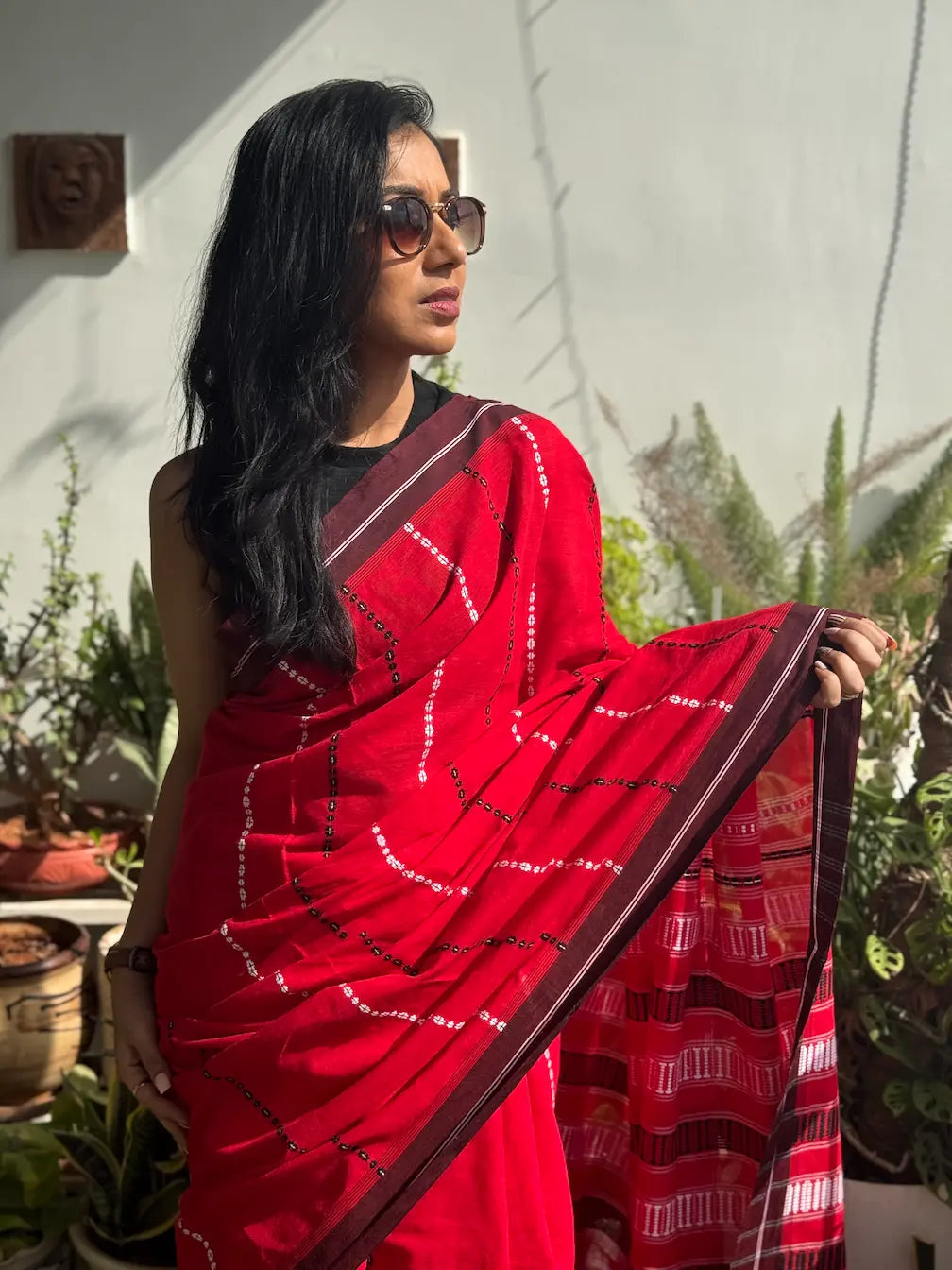 Arunima pure handwoven red Begampuri cotton saree in soft breathable cotton with traditional woven borders for office wear and everyday elegance