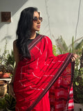 Arunima pure handwoven red Begampuri cotton saree in soft breathable cotton with traditional woven borders for office wear and everyday elegance