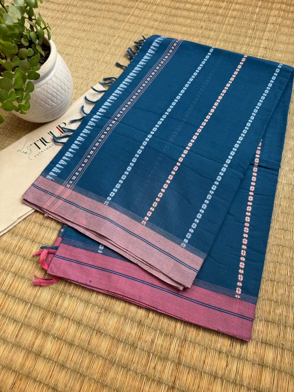 Mrinalini pure handwoven blue and pink Begampuri cotton saree in soft breathable Bengal handloom cotton for office wear and everyday elegance